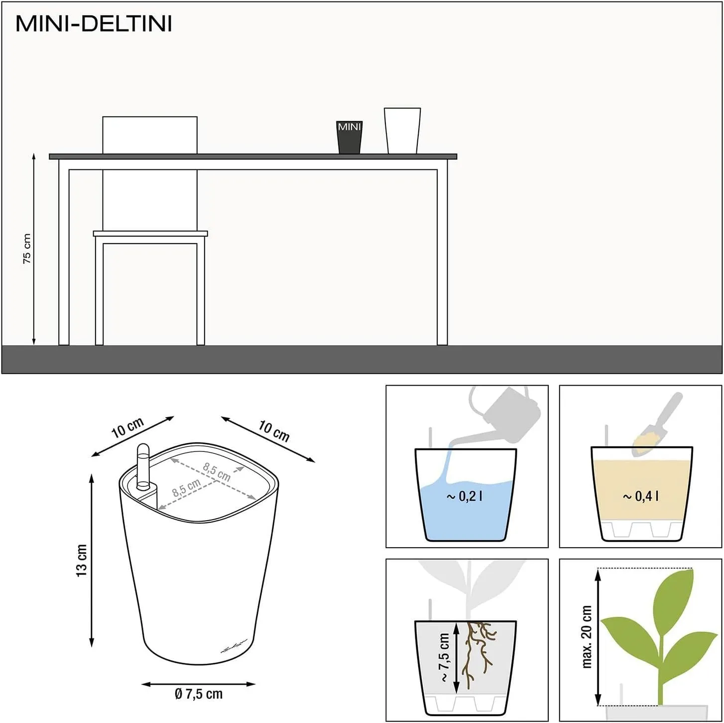 Lechuza 14949 Mini Deltini Self-Watering Planter for Indoor and Outdoor Use, 4" x 4" x 5", Charcoal