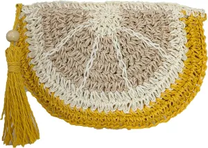 Lemon Slice Crochet Raffia Clutch Bag, Yellow and Cream, Decorative Tassel Charm