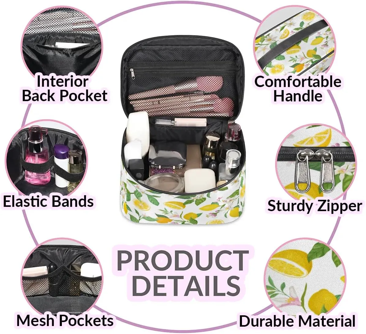 Lemons Pattern Makeup Bag Small Cosmetic Bag for Women Travel Makeup Case Organizer Portable Zipper Make Up Brush Bag Cute Toiletry Bag Storage Bags with Handle