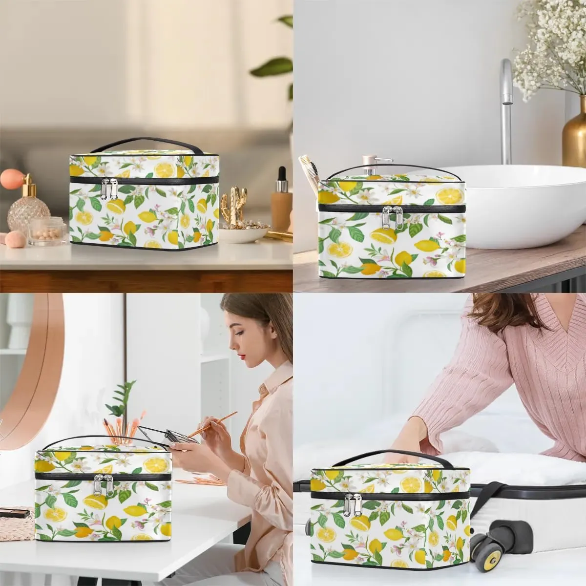 Lemons Pattern Makeup Bag Small Cosmetic Bag for Women Travel Makeup Case Organizer Portable Zipper Make Up Brush Bag Cute Toiletry Bag Storage Bags with Handle