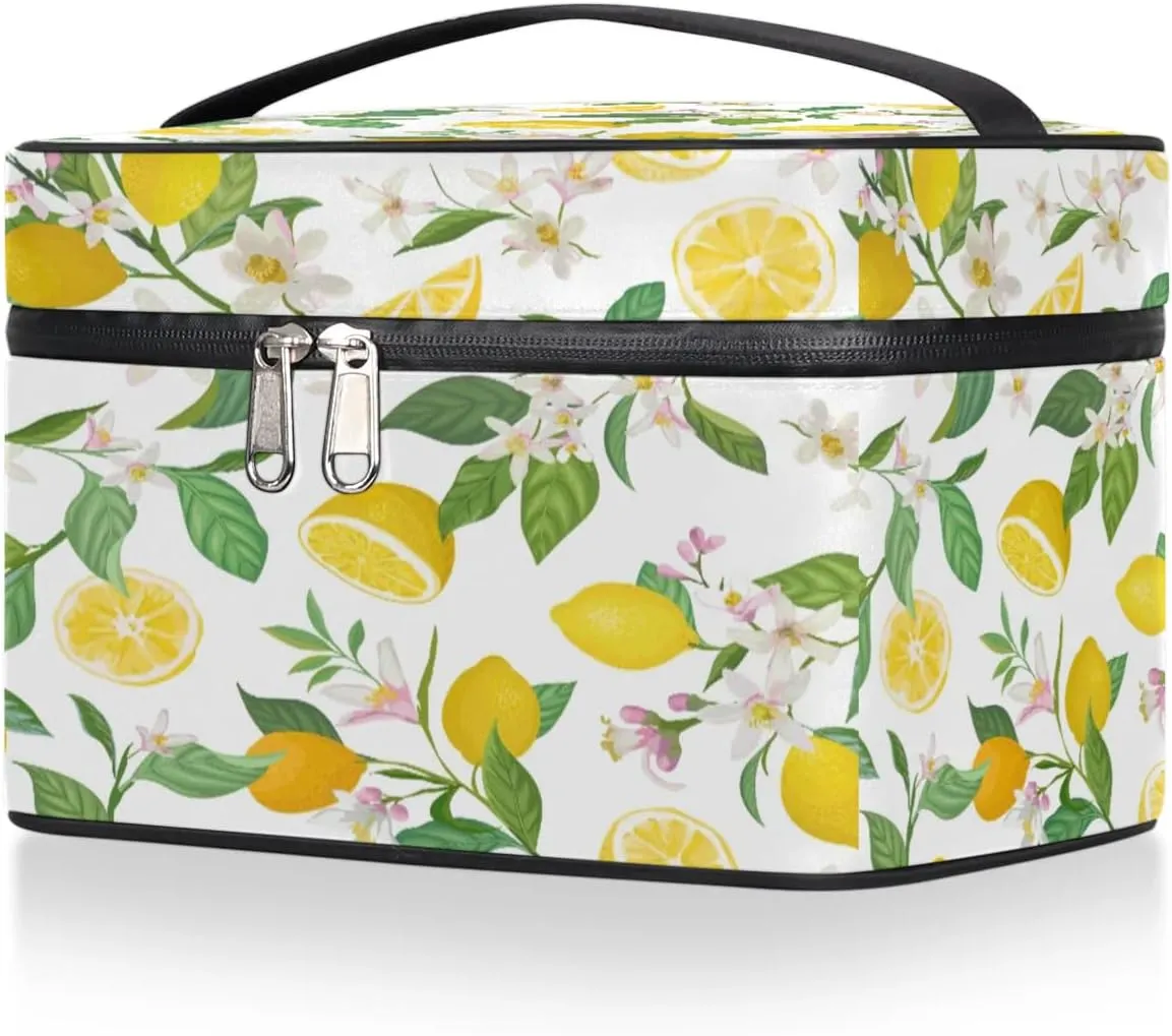 Lemons Pattern Makeup Bag Small Cosmetic Bag for Women Travel Makeup Case Organizer Portable Zipper Make Up Brush Bag Cute Toiletry Bag Storage Bags with Handle