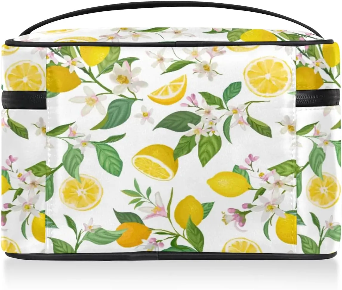 Lemons Pattern Makeup Bag Small Cosmetic Bag for Women Travel Makeup Case Organizer Portable Zipper Make Up Brush Bag Cute Toiletry Bag Storage Bags with Handle