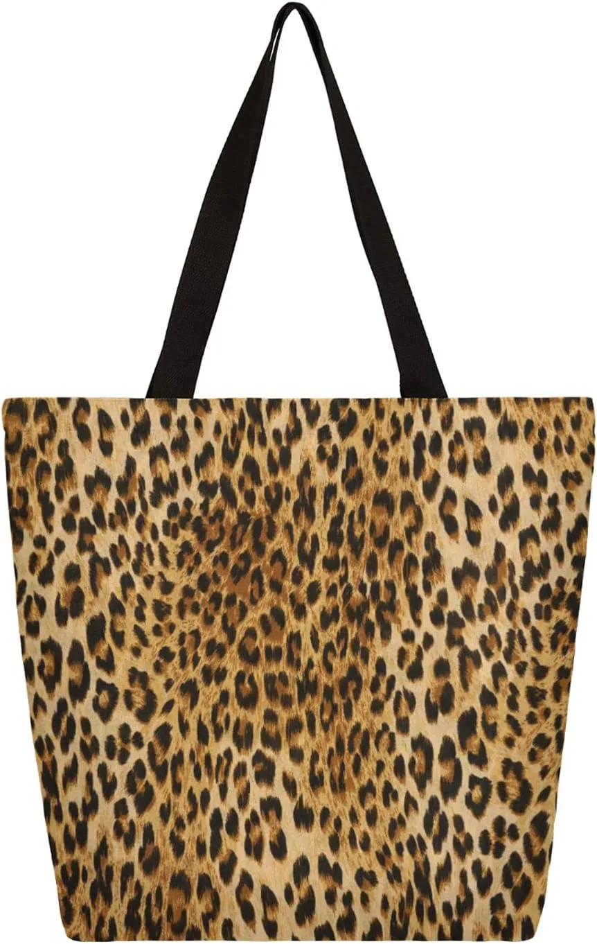 Leopard Canvas Tote Bags Women Large Casual Shoulder Bag Handbag, Animal Pattern Reusable Shopping Bags Multipurpose Grocery Bag for Outdoors