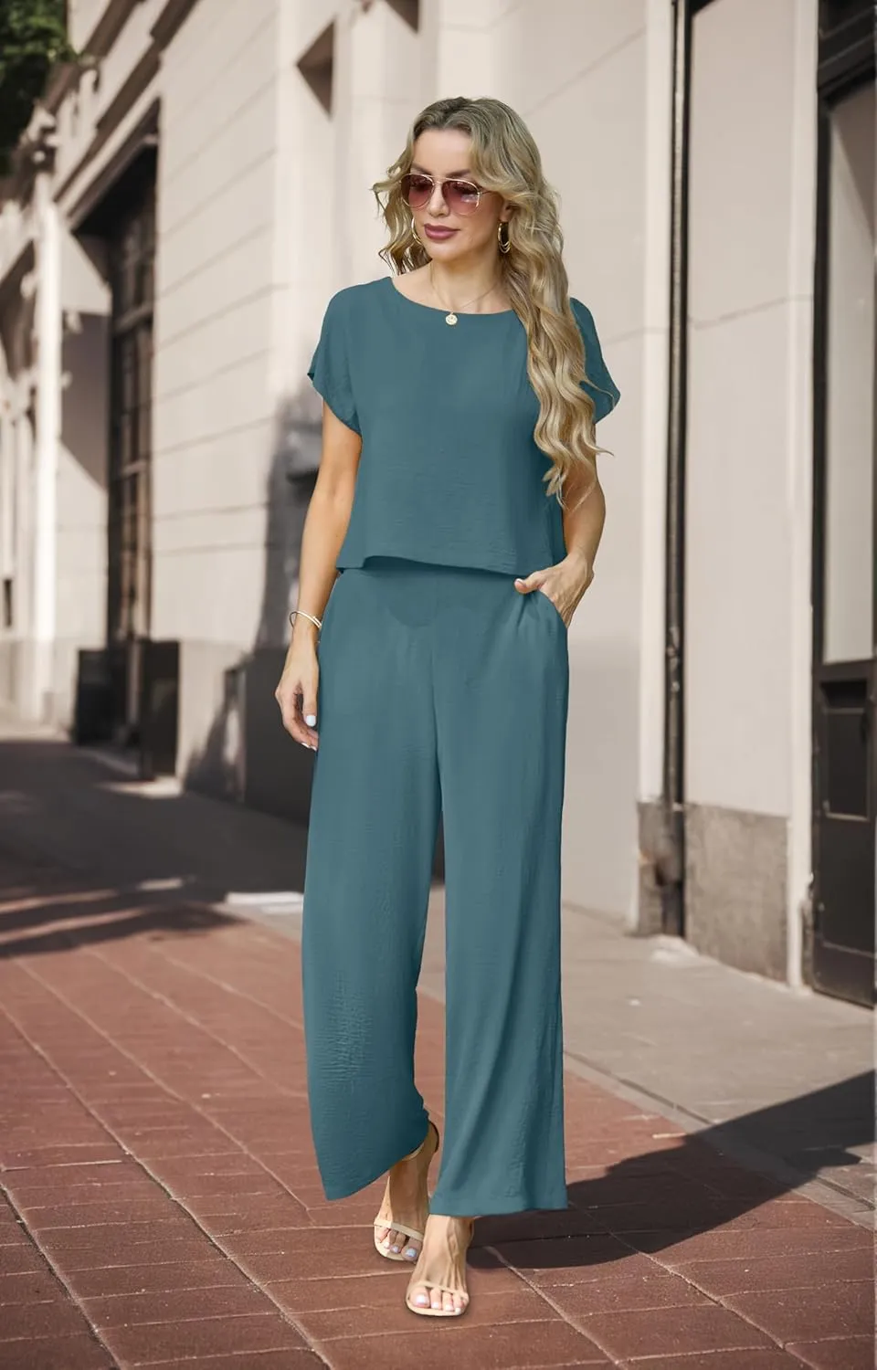 Lepunuo 2 Piece Sets for Women Summer Cap Sleeve Crop Top Wide Leg Pants Matching Lounge Set Vacation Beach Travel Outfits