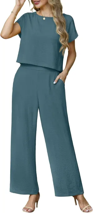 Lepunuo 2 Piece Sets for Women Summer Cap Sleeve Crop Top Wide Leg Pants Matching Lounge Set Vacation Beach Travel Outfits