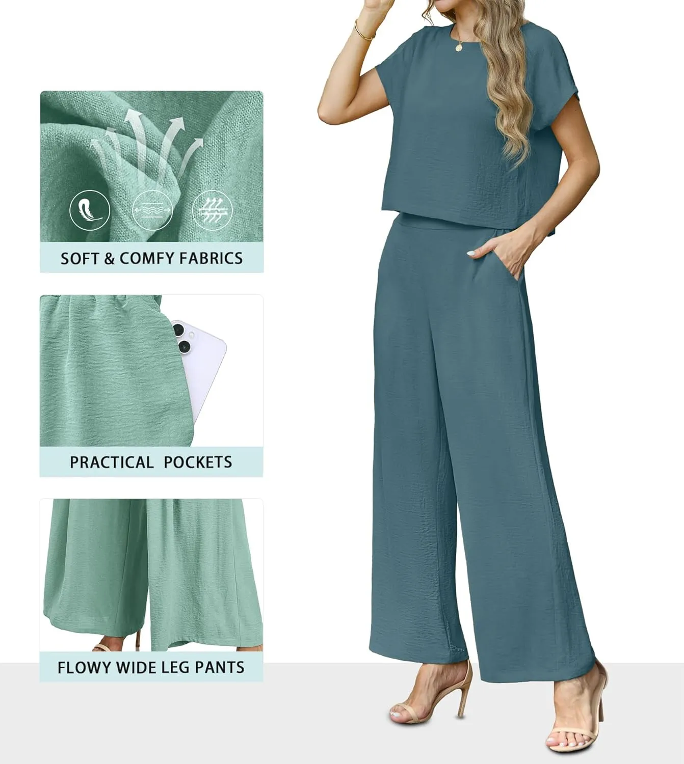 Lepunuo 2 Piece Sets for Women Summer Cap Sleeve Crop Top Wide Leg Pants Matching Lounge Set Vacation Beach Travel Outfits