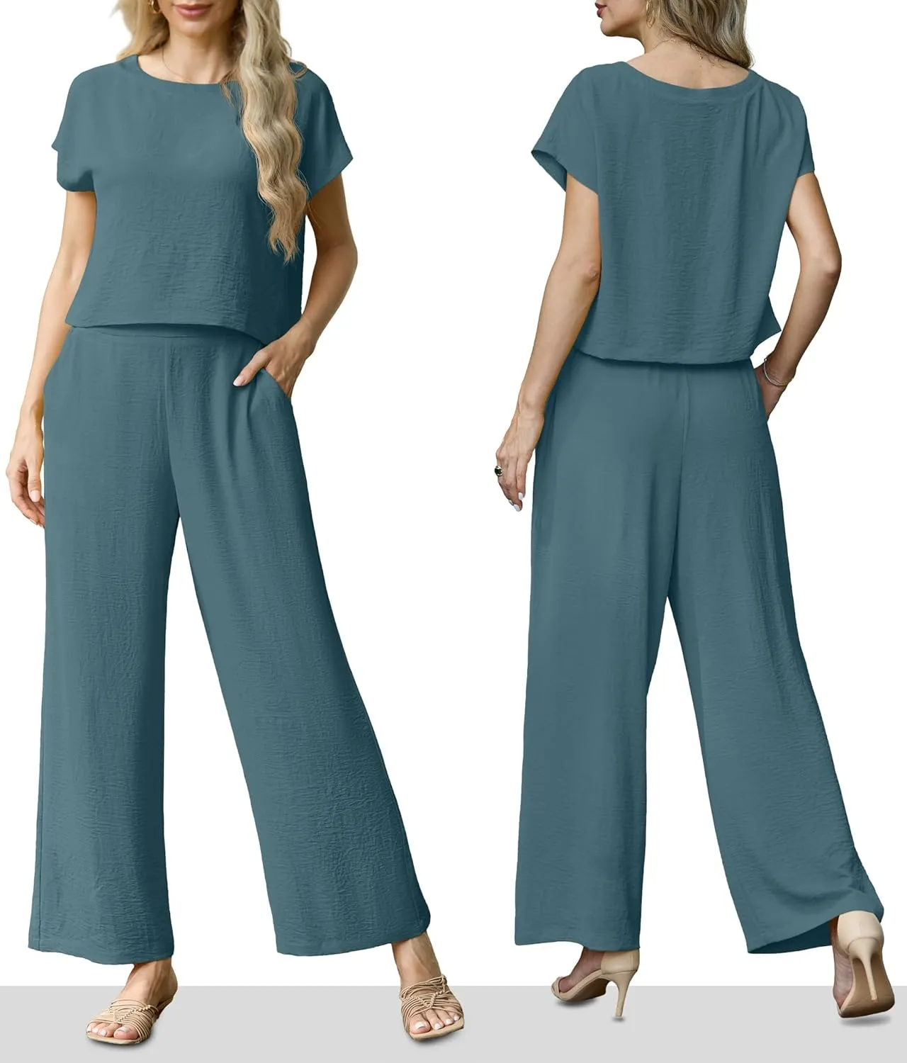 Lepunuo 2 Piece Sets for Women Summer Cap Sleeve Crop Top Wide Leg Pants Matching Lounge Set Vacation Beach Travel Outfits