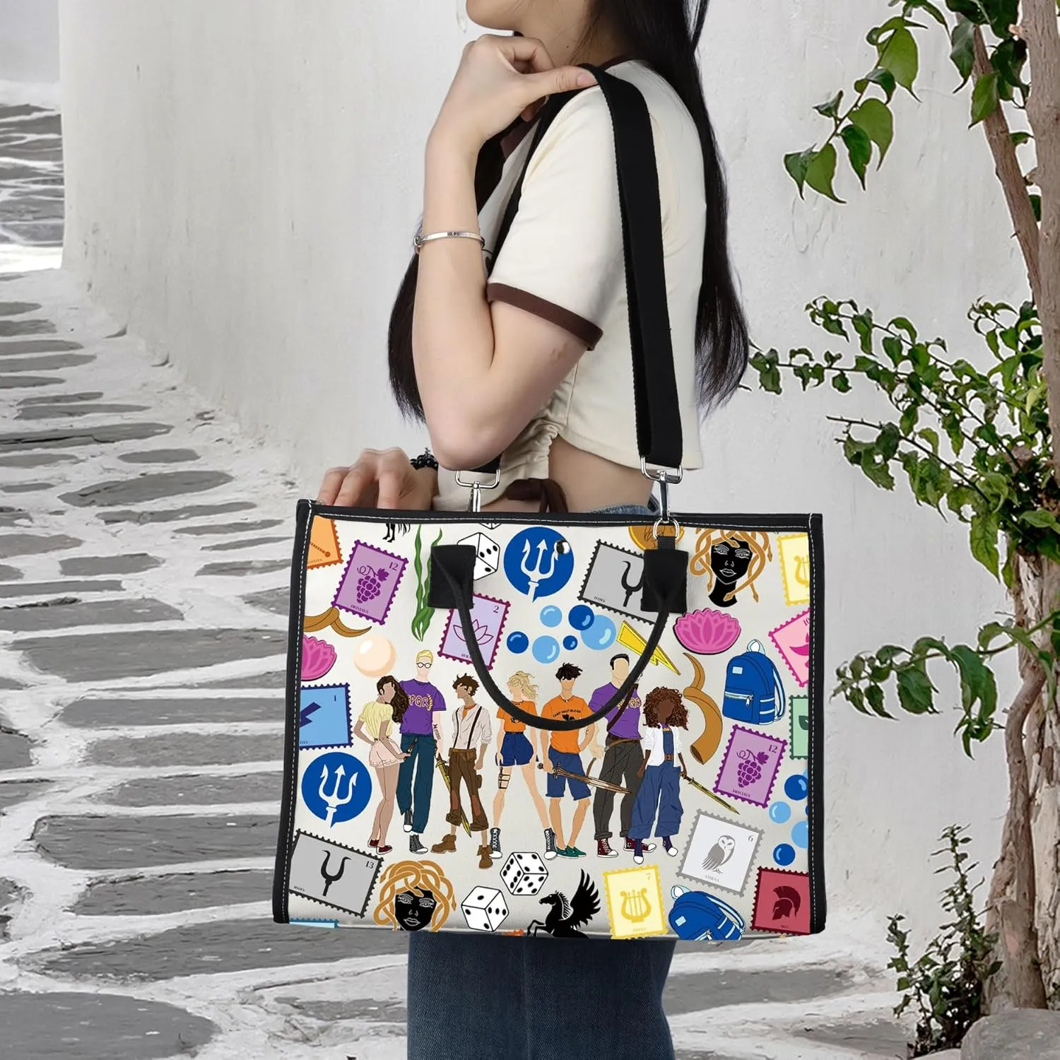 LEVLO Camp Half Blood Tote Bag Medusa & Zeus Fans Gift Camp Half Blood Shoulder Bag Mythology Heroes Merch