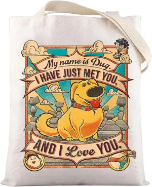 LEVLO Dug Dog Tote Bag Carl & Ellie Movie Fan Gifts My Name Is Dug I've Just Met You And I Love You Shoulder Bag
