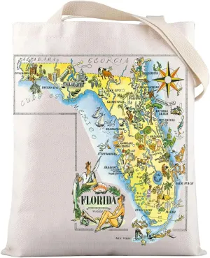 LEVLO Fun State Map Of Florida Canvas Tote Bag Florida Travel Souvenir Gift 1940’s Florida Cartoon Illustration Shoulder Bag