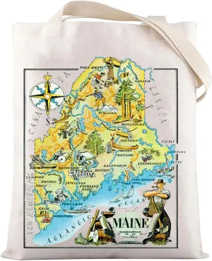 LEVLO Fun State Map Of Maine Tote Bag Maine Travel Souvenir Gift 1940’s Maine Cartoon Illustration Shoulder Bag