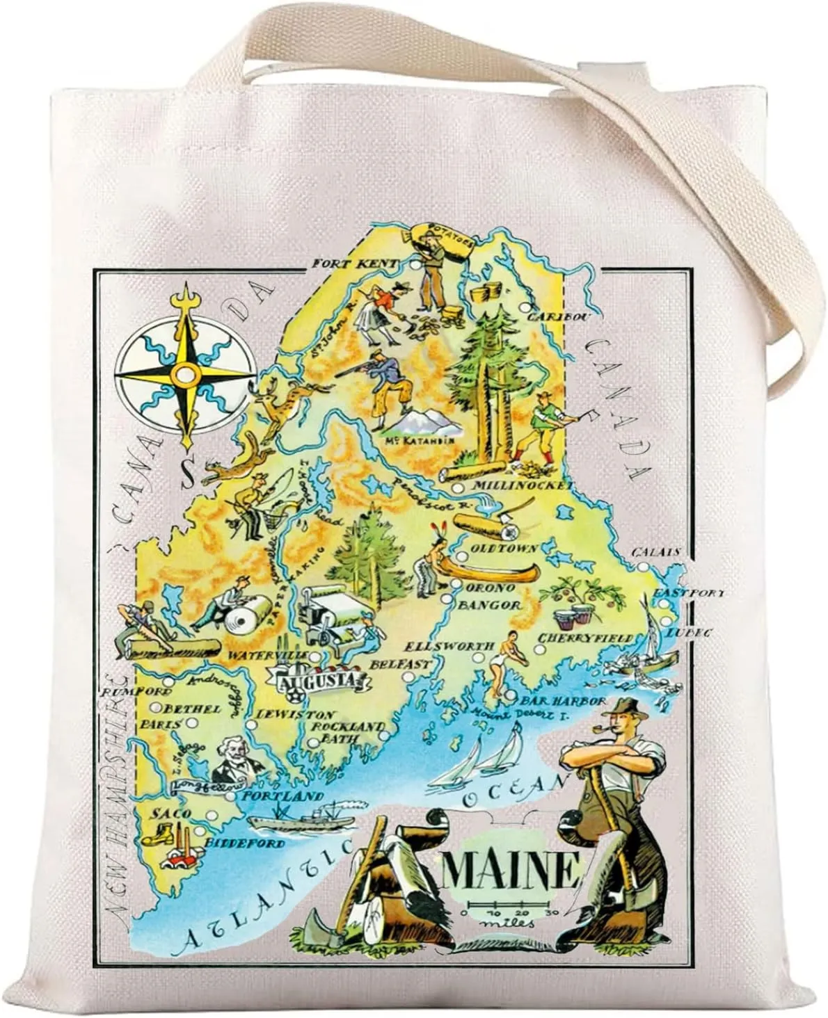 LEVLO Fun State Map Of Maine Tote Bag Maine Travel Souvenir Gift 1940’s Maine Cartoon Illustration Shoulder Bag