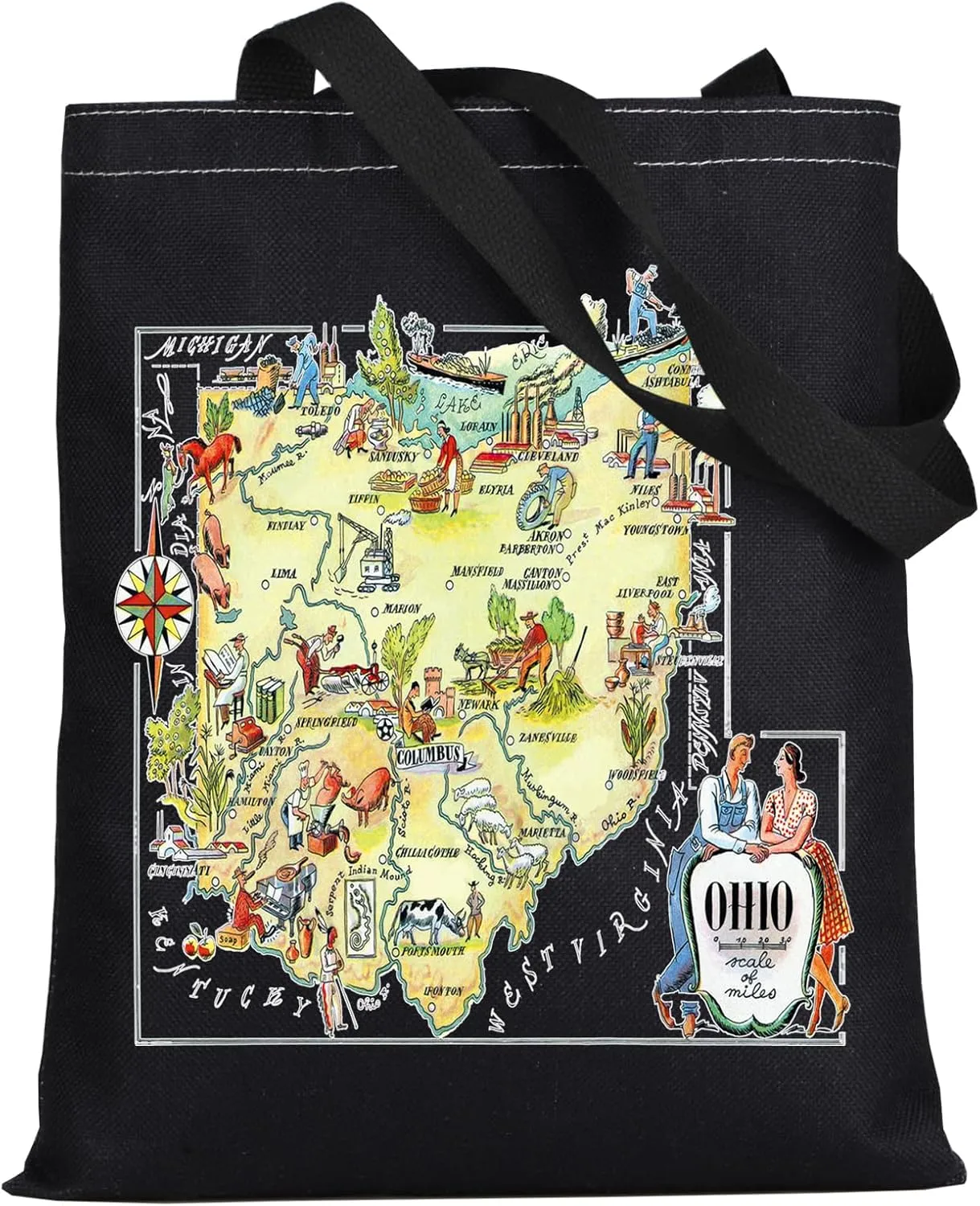 LEVLO Fun State Map Of Ohio Tote Bag Ohio Souvenir Gift 1940’s Ohio Cartoon Illustration Shoulder Bag Ohio Vacation Gift
