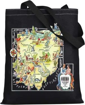 LEVLO Fun State Map Of Ohio Tote Bag Ohio Souvenir Gift 1940’s Ohio Cartoon Illustration Shoulder Bag Ohio Vacation Gift