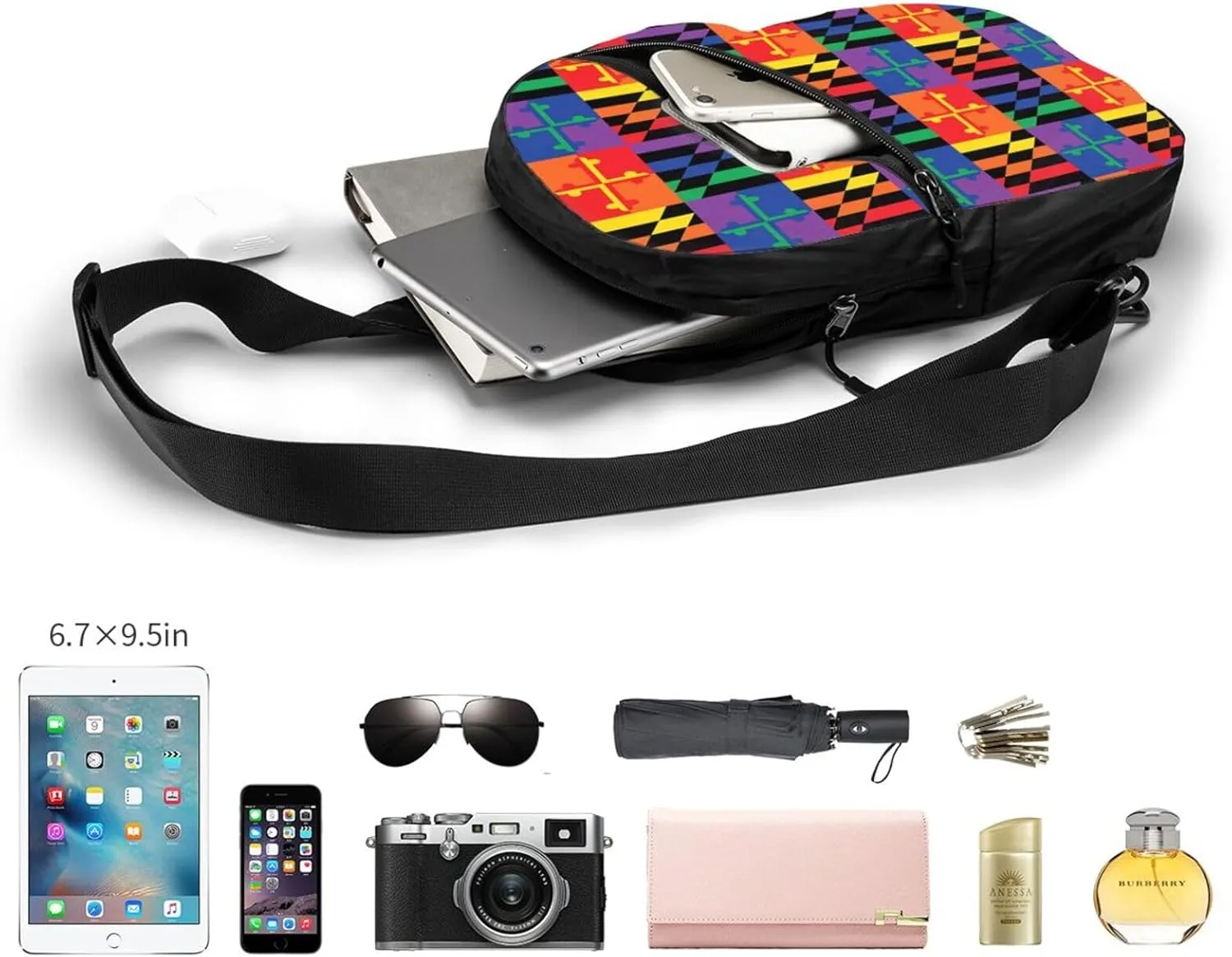 LGBTQ Pride Maryland State Flag Packable Crossbody Bag Portable Sling Bags Foldable Travel Daypack Reusable Sports Shoulder Backpack Diagonally Chest Bag for Workout
