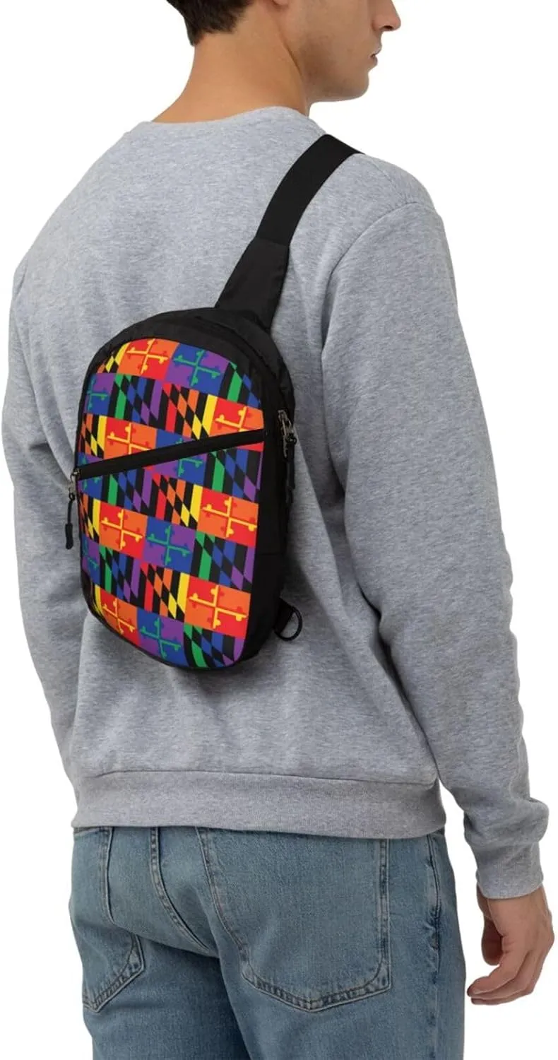 LGBTQ Pride Maryland State Flag Packable Crossbody Bag Portable Sling Bags Foldable Travel Daypack Reusable Sports Shoulder Backpack Diagonally Chest Bag for Workout