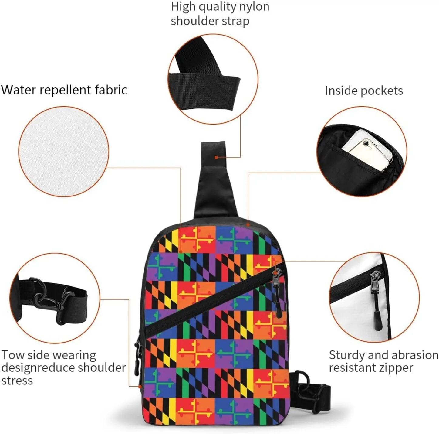 LGBTQ Pride Maryland State Flag Packable Crossbody Bag Portable Sling Bags Foldable Travel Daypack Reusable Sports Shoulder Backpack Diagonally Chest Bag for Workout