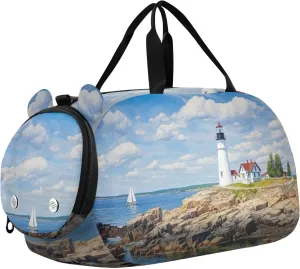 Lighthouse Pattern Duffle Bag for Girl, Sports Duffle Gym Bags with Shoe Compartment, Personalized Overnight Bag Travel Weekender for Kids