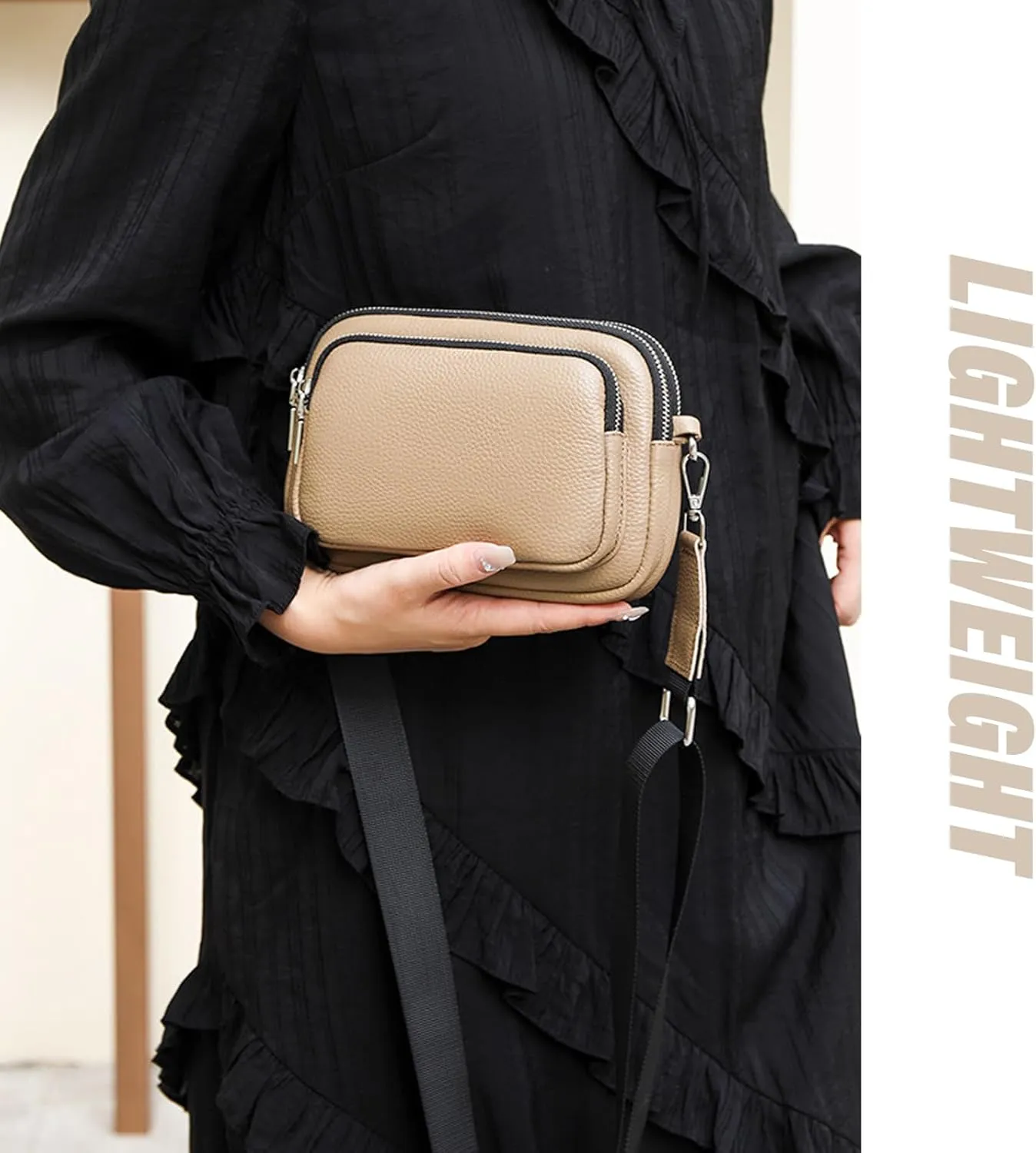 Lightweight Genuine Leather Crossbody Bags for Women,Multi-Pockets Cell Phone Shoulder Purses for Women,Zipper Mini Handbags