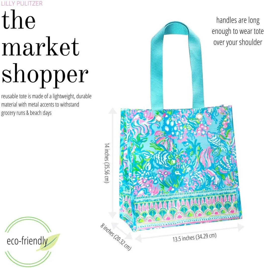 Lilly Pulitzer Blue/Green Market Shopper Bag, Reusable Grocery Tote with Comfortable Shoulder Straps, Aqua La Vista