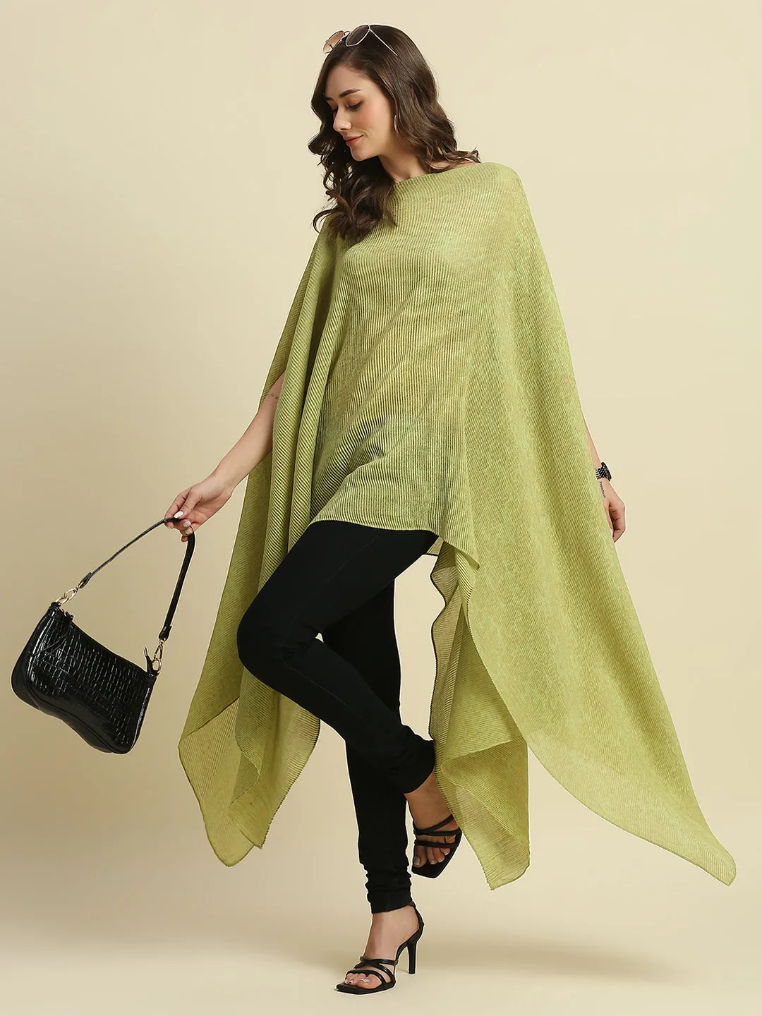 Lime & Gold Tapestry Designed Off Shoulder Brocade Pleated Poncho