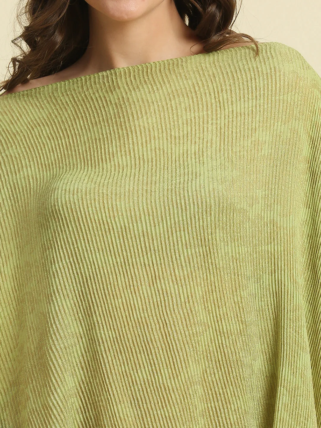 Lime & Gold Tapestry Designed Off Shoulder Brocade Pleated Poncho