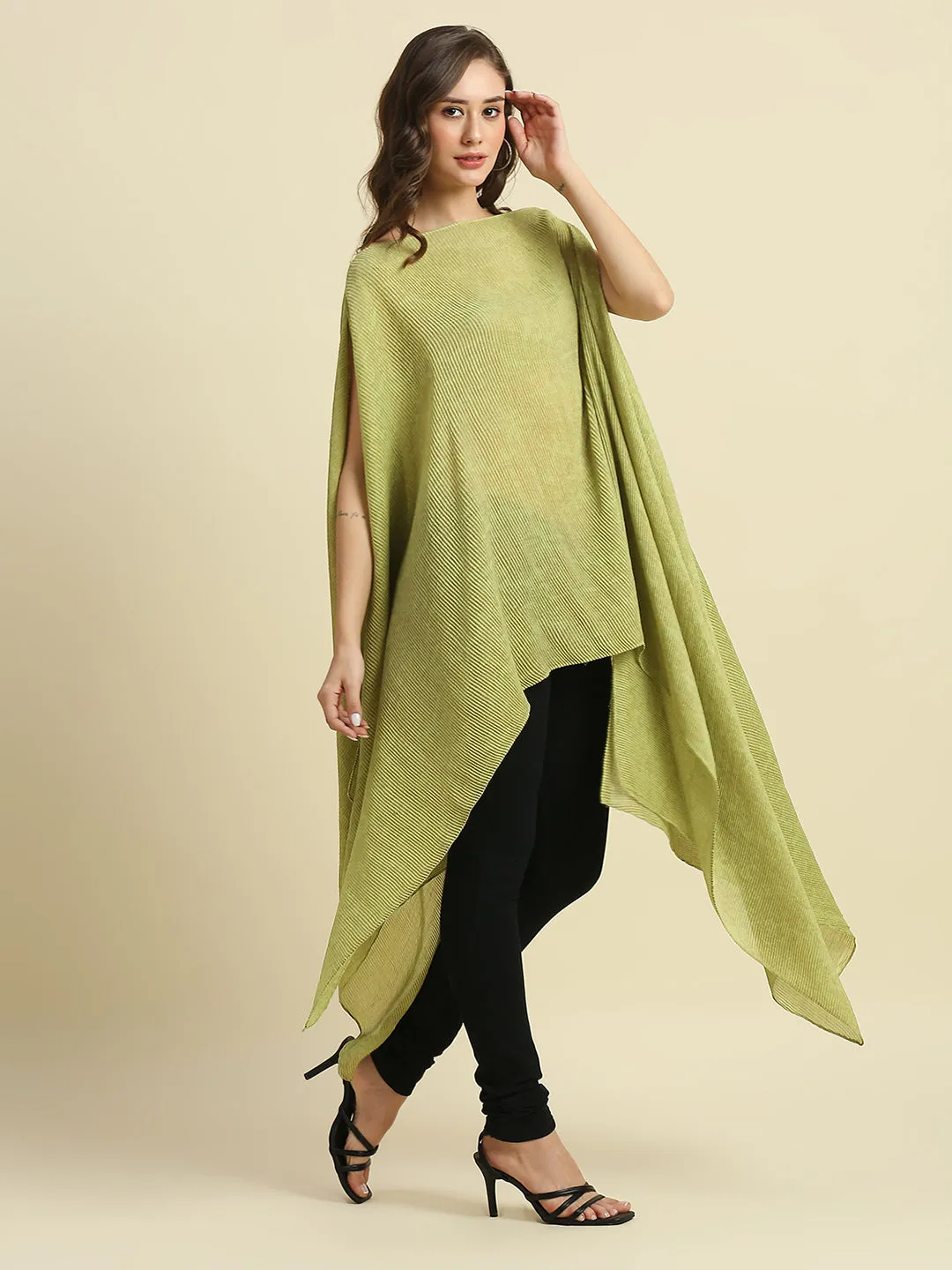 Lime & Gold Tapestry Designed Off Shoulder Brocade Pleated Poncho