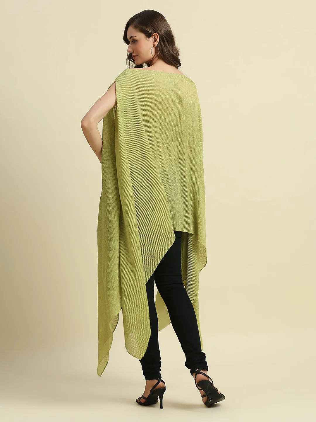 Lime & Gold Tapestry Designed Off Shoulder Brocade Pleated Poncho