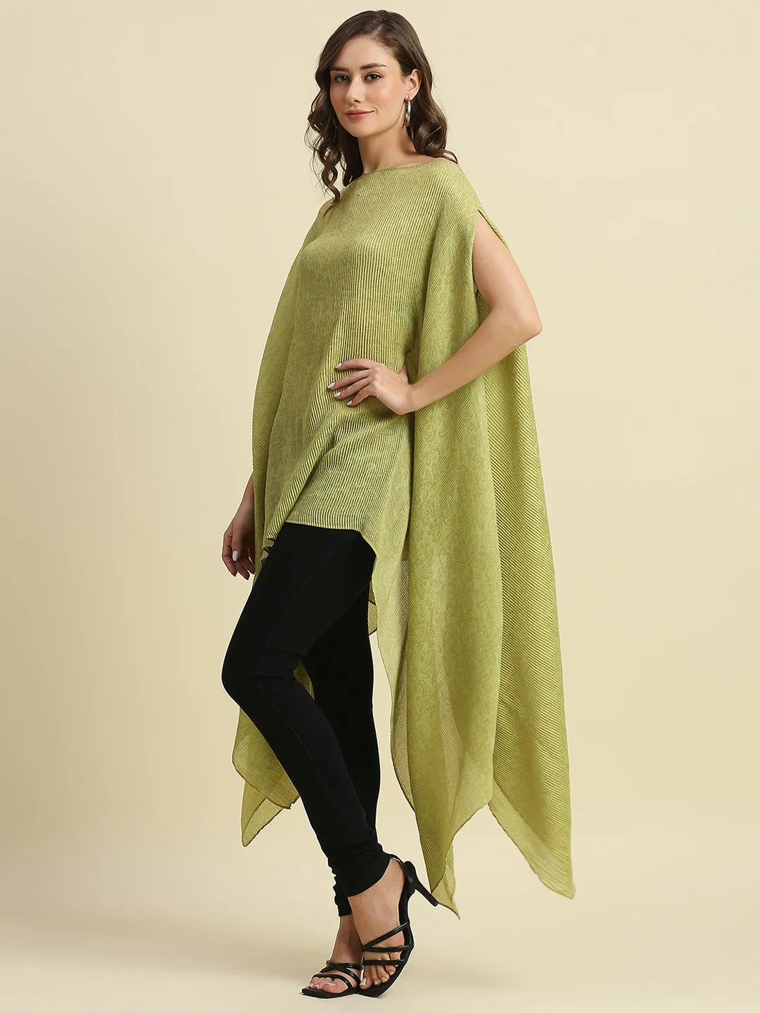 Lime & Gold Tapestry Designed Off Shoulder Brocade Pleated Poncho