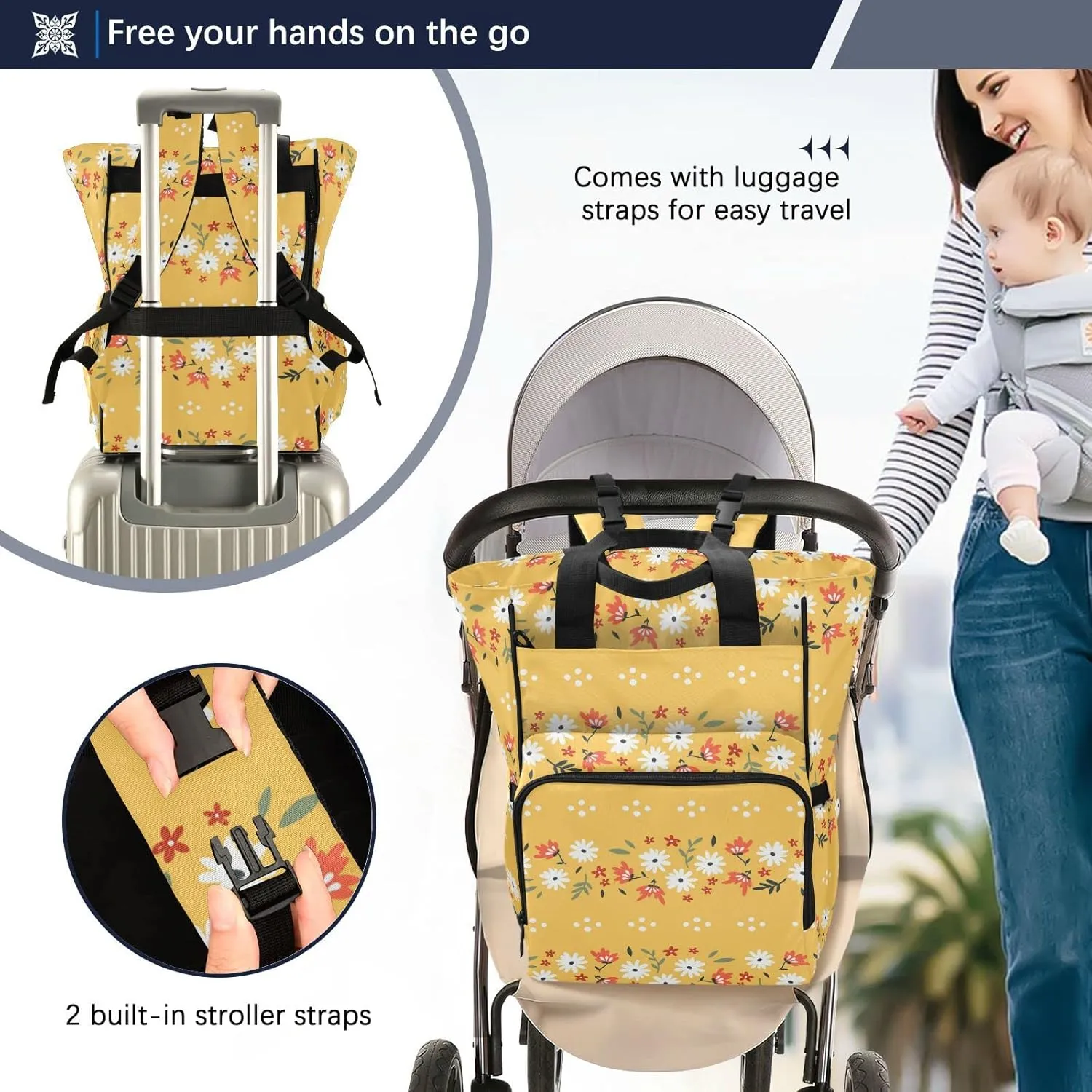 linqin Diaper Bag Backpack, Floral Yellow Pattern Multifunctional Travel Backpack Maternity Changing Bags, Large Unisex Baby Bag Tote