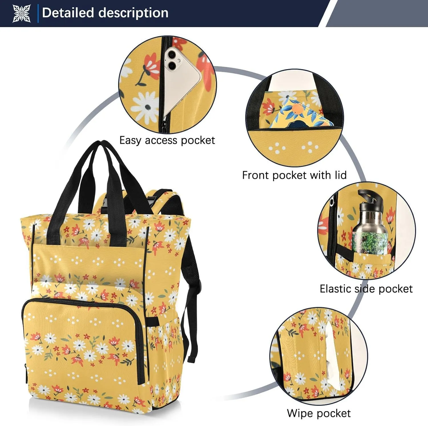 linqin Diaper Bag Backpack, Floral Yellow Pattern Multifunctional Travel Backpack Maternity Changing Bags, Large Unisex Baby Bag Tote