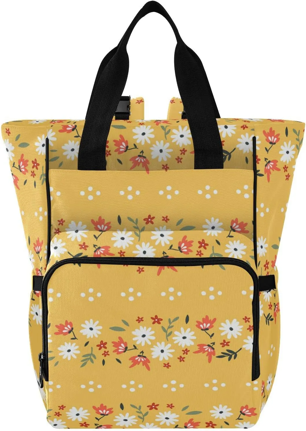linqin Diaper Bag Backpack, Floral Yellow Pattern Multifunctional Travel Backpack Maternity Changing Bags, Large Unisex Baby Bag Tote