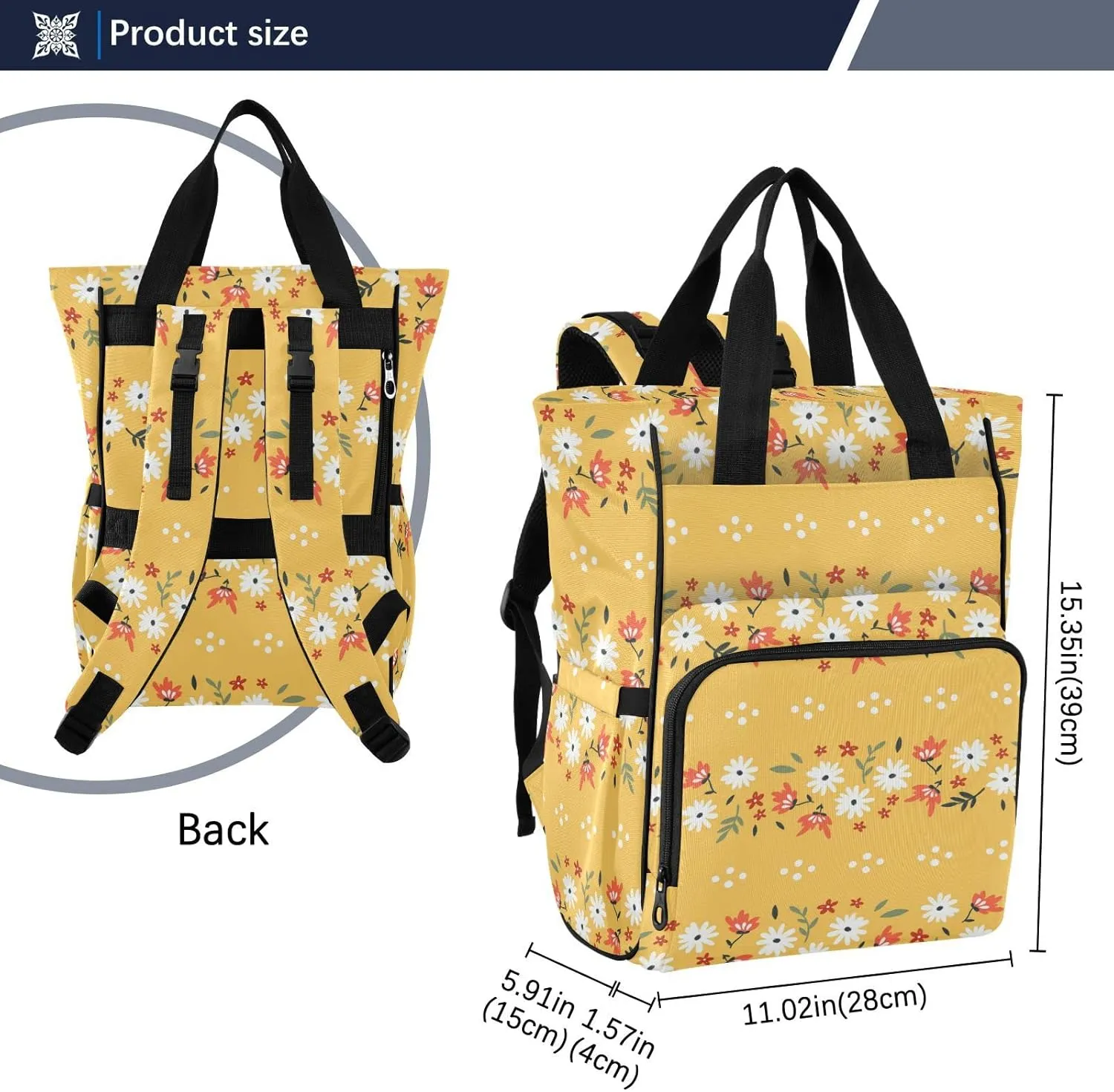 linqin Diaper Bag Backpack, Floral Yellow Pattern Multifunctional Travel Backpack Maternity Changing Bags, Large Unisex Baby Bag Tote