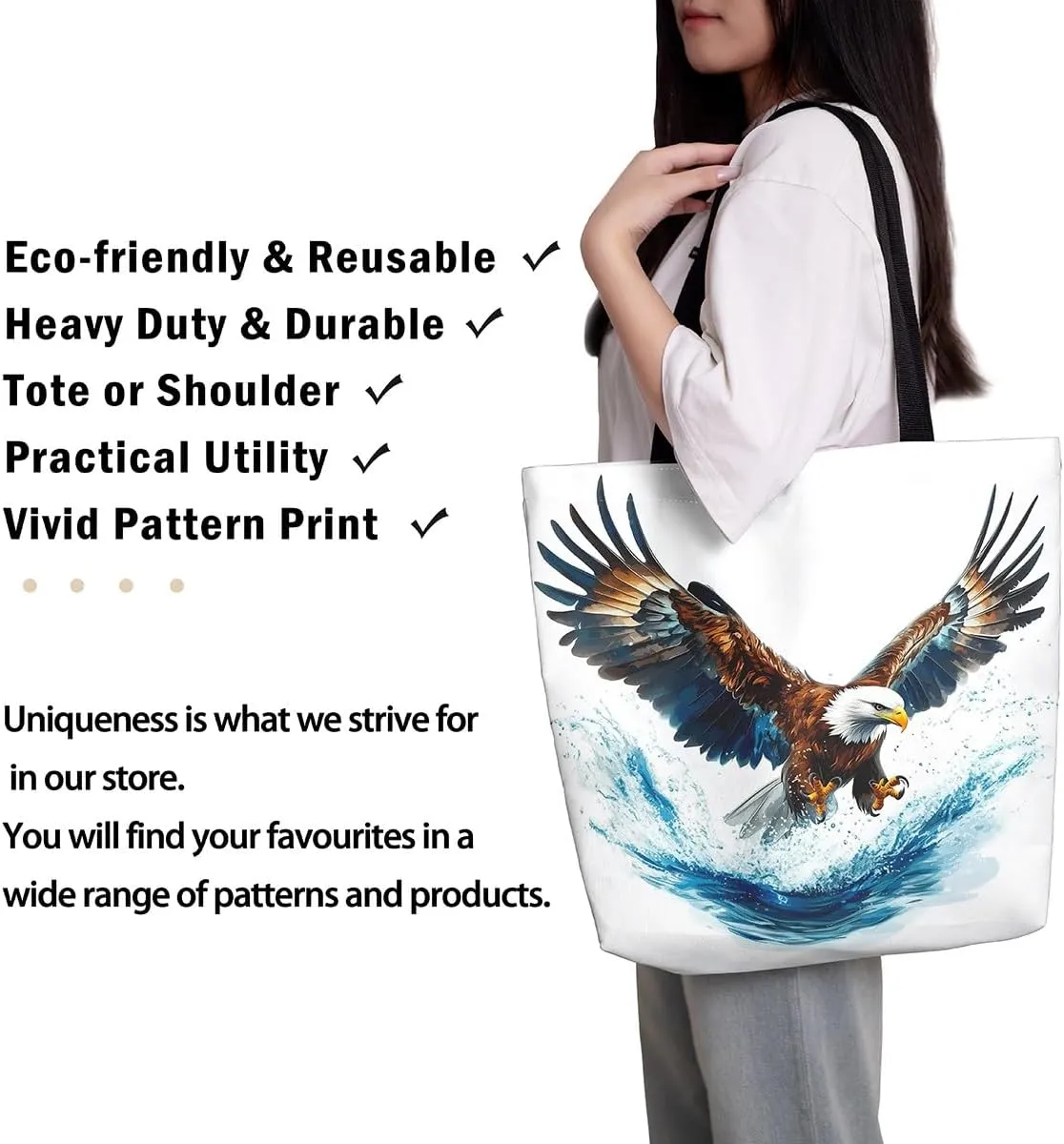 Lion Eagle Canvas Tote Bag,3D Print Wild Animals Aesthetic Shoulder Handbags for Shopping Gym