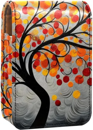 Lipstick Case,Leather Lip Gloss Lipstick Organizer with Mirror,Mini Lipstick Holder Bag,Abstract Autumn Tree Leaf