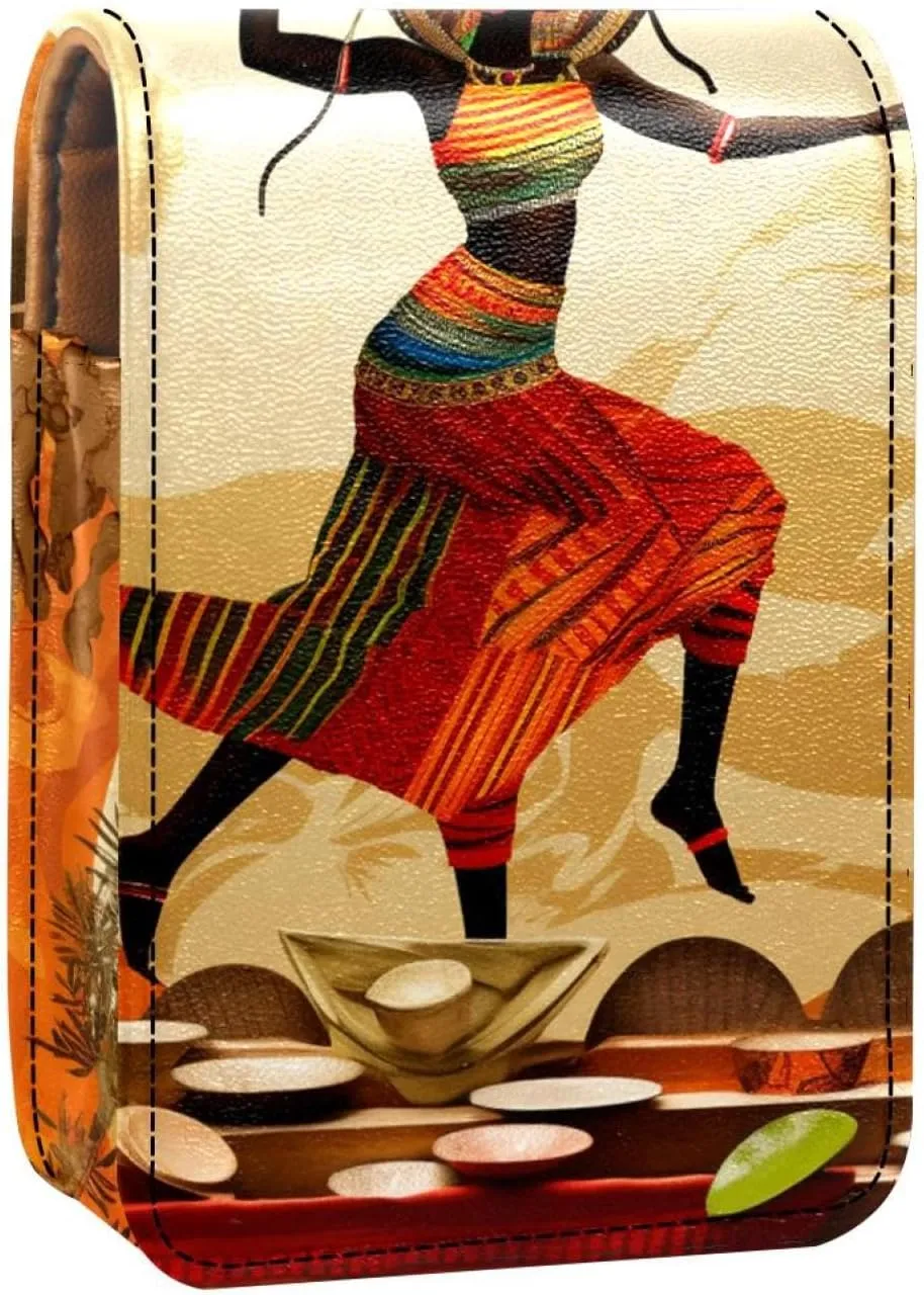 Lipstick Case,Leather Lip Gloss Lipstick Organizer with Mirror,Mini Lipstick Holder Bag,Autumn Harvest African Girl