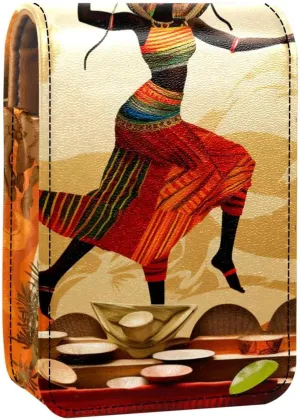 Lipstick Case,Leather Lip Gloss Lipstick Organizer with Mirror,Mini Lipstick Holder Bag,Autumn Harvest African Girl