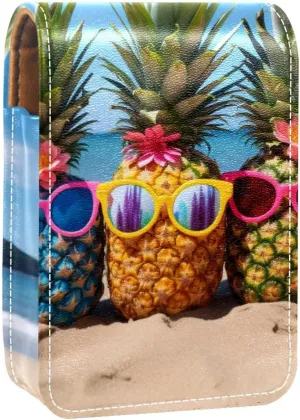 Lipstick Case,Leather Lip Gloss Lipstick Organizer with Mirror,Mini Lipstick Holder Bag,Beach Sea Funny Pineapple
