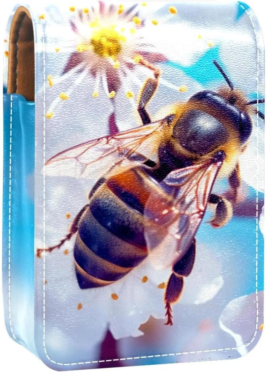 Lipstick Case,Leather Lip Gloss Lipstick Organizer with Mirror,Mini Lipstick Holder Bag,Bee Flower