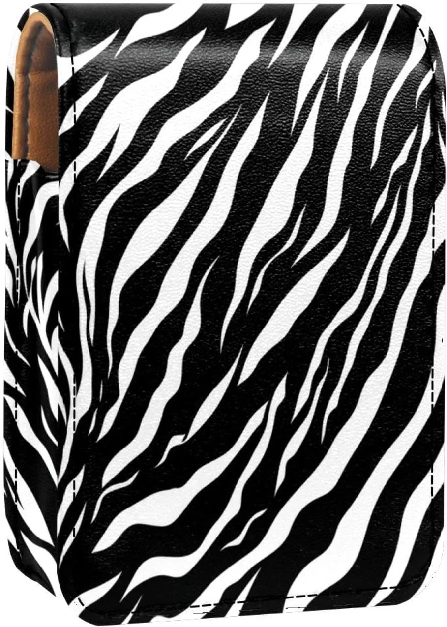 Lipstick Case,Leather Lip Gloss Lipstick Organizer with Mirror,Mini Lipstick Holder Bag,Black White Zebra Print