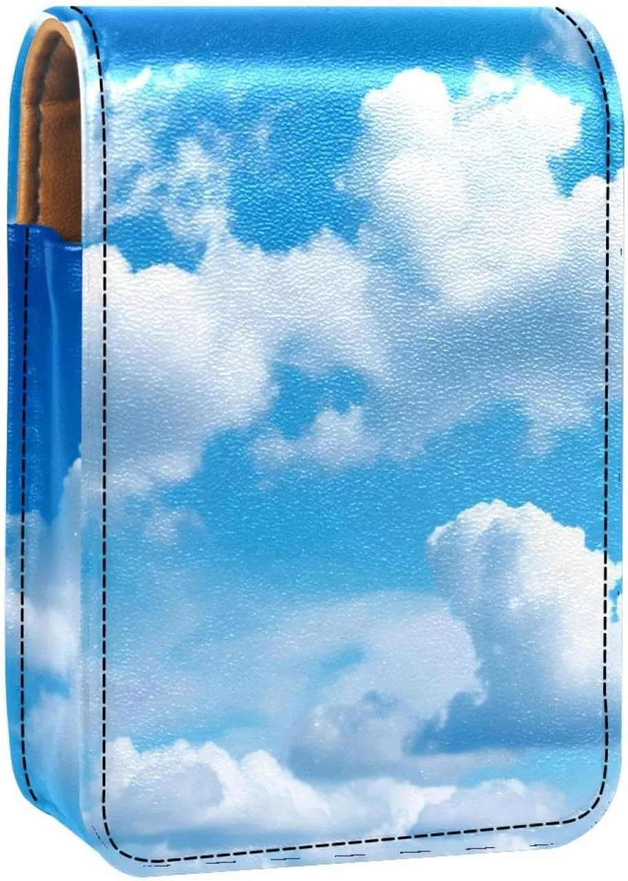 Lipstick Case,Leather Lip Gloss Lipstick Organizer with Mirror,Mini Lipstick Holder Bag,Blue Sky White Cloud