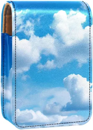Lipstick Case,Leather Lip Gloss Lipstick Organizer with Mirror,Mini Lipstick Holder Bag,Blue Sky White Cloud