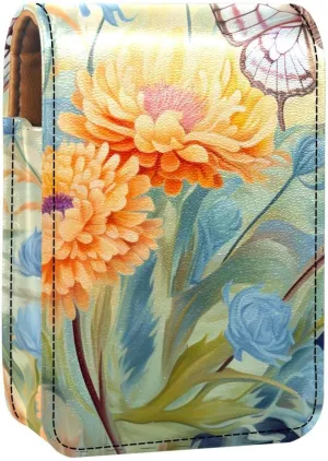 Lipstick Case,Leather Lip Gloss Lipstick Organizer with Mirror,Mini Lipstick Holder Bag,Butterfly and Flowers Field