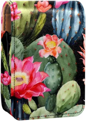 Lipstick Case,Leather Lip Gloss Lipstick Organizer with Mirror,Mini Lipstick Holder Bag,Cacti Flower Cactus