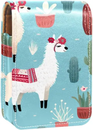 Lipstick Case,Leather Lip Gloss Lipstick Organizer with Mirror,Mini Lipstick Holder Bag,Cactus Plant and Alpaca