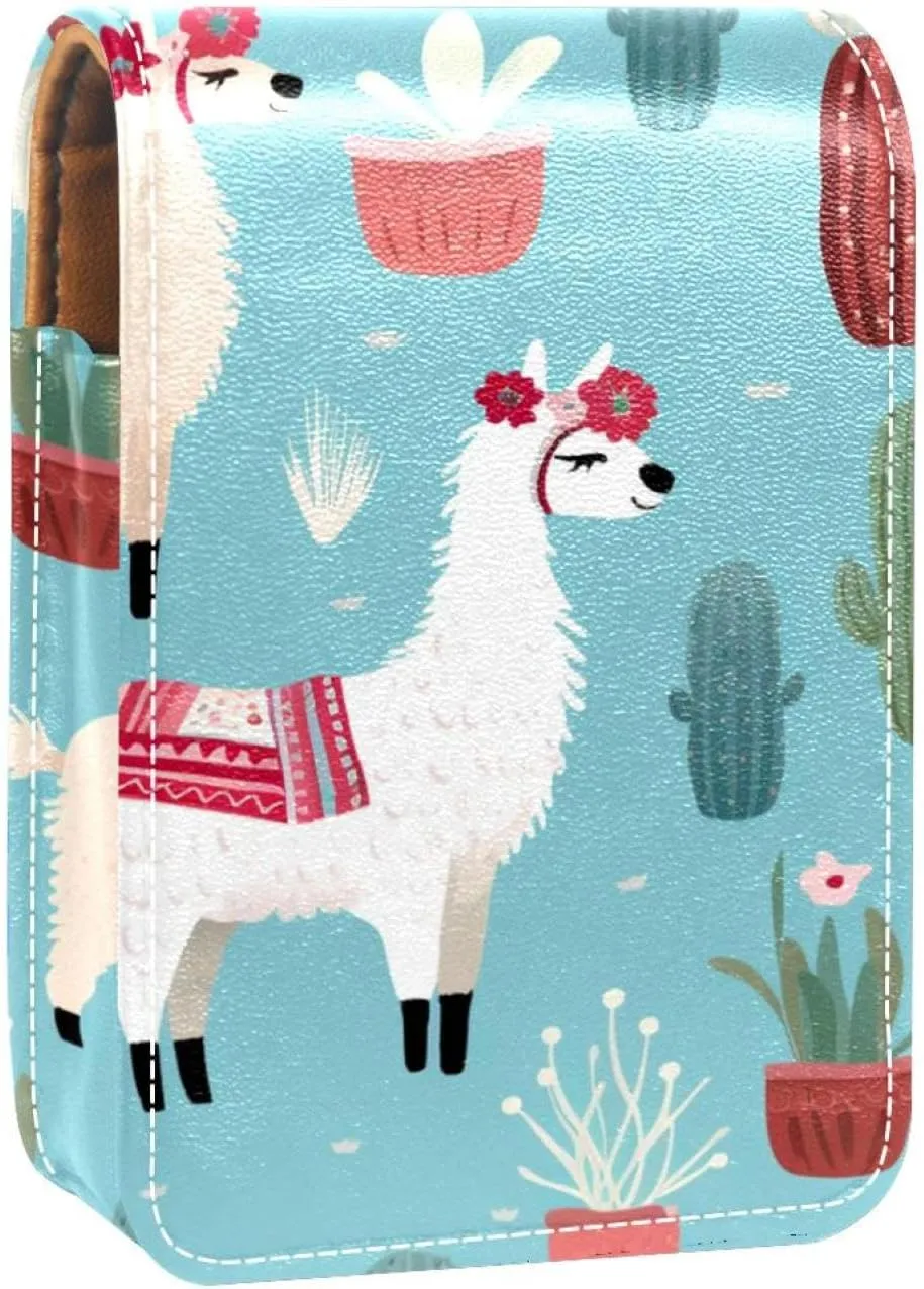 Lipstick Case,Leather Lip Gloss Lipstick Organizer with Mirror,Mini Lipstick Holder Bag,Cactus Plant and Alpaca