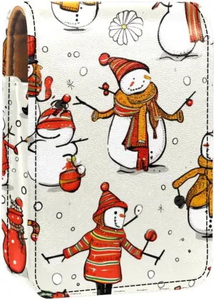 Lipstick Case,Leather Lip Gloss Lipstick Organizer with Mirror,Mini Lipstick Holder Bag,Cartoon Cute Snowmen