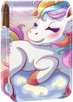 Lipstick Case,Leather Lip Gloss Lipstick Organizer with Mirror,Mini Lipstick Holder Bag,Cloud Rainbow Unicorn