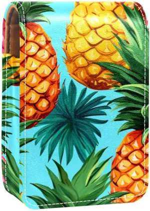 Lipstick Case,Leather Lip Gloss Lipstick Organizer with Mirror,Mini Lipstick Holder Bag,Colored Stripe Watercolor Pineapple