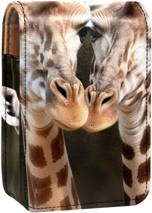 Lipstick Case,Leather Lip Gloss Lipstick Organizer with Mirror,Mini Lipstick Holder Bag,Couple Portrait Giraffe